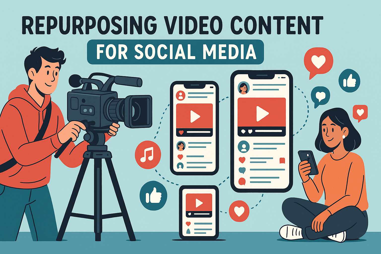 Cartoon illustration of a videographer repurposing content for social media